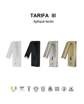 TARIFA III * APLIQUE LECTOR LED 3W 3000K NEGRO TYPE-C CARGADOR